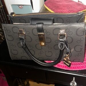 Guess Black and Gray Satchel with Monogram Pattern